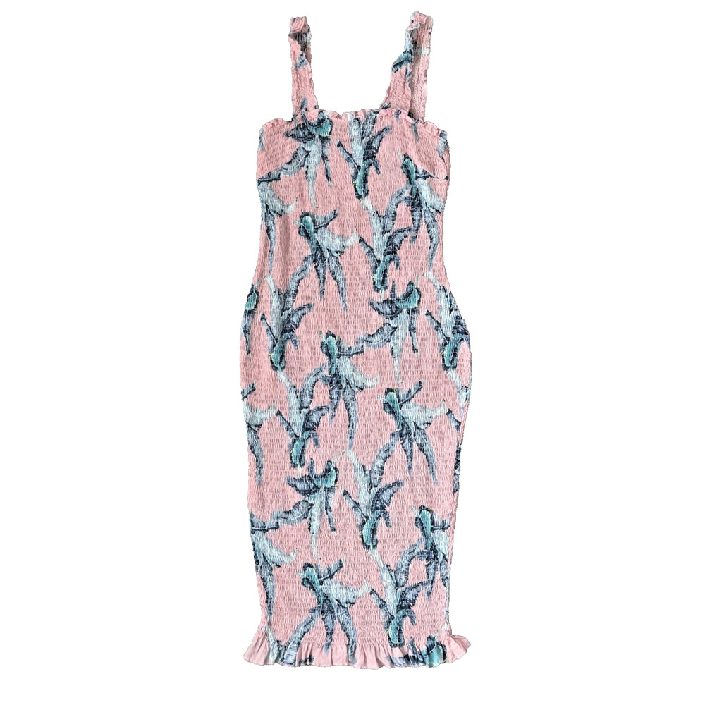SYDYS pink tropical palm print smocked midi dress‎ womens small vacation dress
